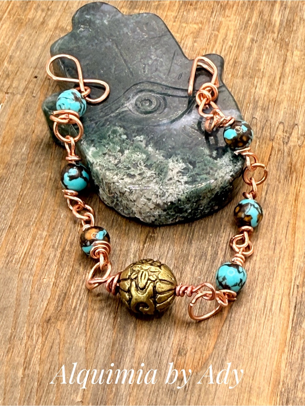Alquimia Turquoise and Copper Bracelet with Brass Focal Bead